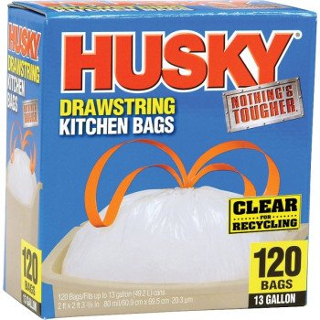 Husky HK13DS120C-P Kitchen Trash Bag, 13 gal Capacity, Polyethylene, Clear