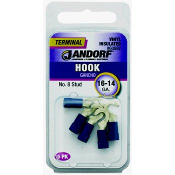 Jandorf 60892 Hook Terminal, 16 to 14 AWG Wire, #8 Stud, Vinyl Insulation, Copper Contact, Blue