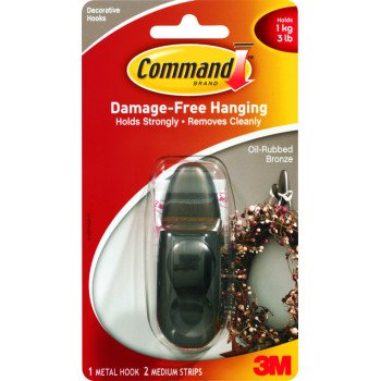 Command Forever Classic Series FC12-ORB Decorative Hook, 11/16 in Opening, 3 lb, 1-Hook, Metal, Oil-Rubbed Bronze