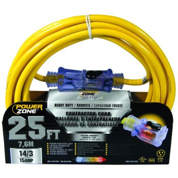 PowerZone ORP511725 Extension Cord, 14 AWG Cable, 25 ft L, 15 A, 125 V, Yellow