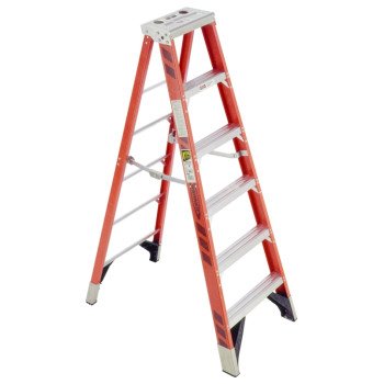 WERNER 7406 Step Ladder, 10 ft Max Reach H, 7-Step, 375 lb, Type IAA Duty Rating, 3 in D Step, Aluminum/Fiberglass