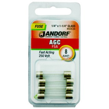 Jandorf 60636 Fast Acting Fuse, 8 A, 250 V, 200 A, 10 kA Interrupt, Glass Body