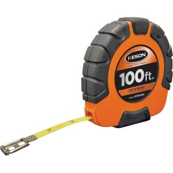 Keson ST181003X Tape Measure, 100 ft L Blade, 3/8 in W Blade, Steel Blade, ABS Case, Orange Case