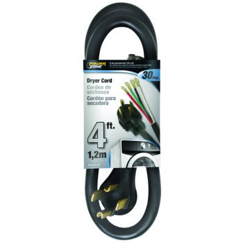 PowerZone ORD100404 Power Supply Dryer Cord, 10 AWG Cable, 4 ft L, 250 V, Black