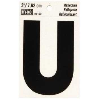 Hy-Ko RV-50/U Reflective Letter, Character: U, 3 in H Character, Black Character, Silver Background, Vinyl