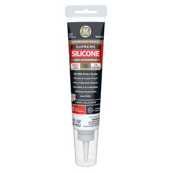 GE Supreme Silicone 2823400 Kitchen & Bath Sealant, White, 24 hr Curing, 2.8 fl-oz Squeeze Tube