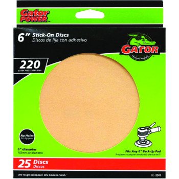 Gator 3241 Sanding Disc, 6 in Dia, Coated, 220 Grit, Extra Fine, Aluminum Oxide Abrasive, Paper Backing