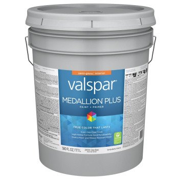 Valspar Medallion Plus 2700 028.0024004.008 Latex Paint, Acrylic Base, Semi-Gloss Sheen, Clear Base, 5 gal