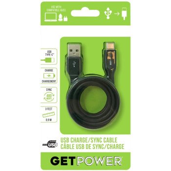 GetPower GP-USB-USBC Charge and Sync Cable, USB-A, USB-C, 3 ft L