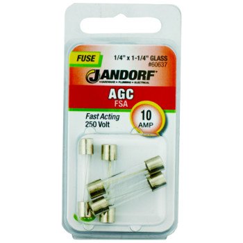 Jandorf 60637 Fast Acting Fuse, 10 A, 250 V, 200 A, 10 kA Interrupt, Glass Body