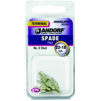 Jandorf 60980 Spade Terminal, 600 V, 22 to 18 AWG Wire, #8 Stud, Copper Contact, 5/PK