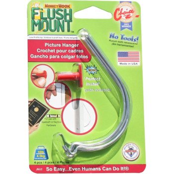 Monkey Hook Flush Mount TMH-444 Picture Hanger, 10 lb, Spring Steel, Galvanized, Silver, Flush