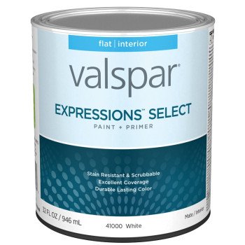 Valspar Expressions Select 4100 028.0041000.005 Latex Paint, Acrylic Base, Flat Sheen, White Base, 1 qt