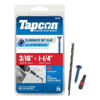 Tapcon 28350 Concrete Screw Anchor, 3/16 in Dia, 1-1/4 in L, Steel, Climaseal