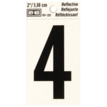 Hy-Ko RV-25/4 Reflective Sign, Character: 4, 2 in H Character, Black Character, Silver Background, Vinyl