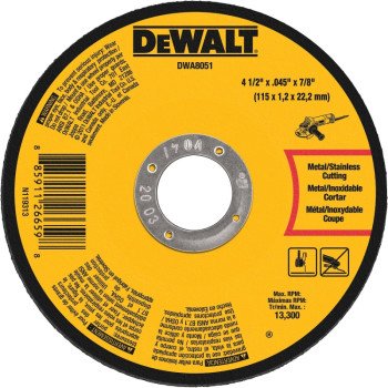 DEWALT DWA8051 Cutting Wheel, 4-1/2 in Dia, 0.45 in Thick, 7/8 in Arbor, Medium, Aluminum Oxide Abrasive