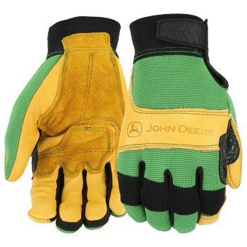 John Deere JD00009-L Gloves, Men's, L, Reinforced Thumb, Hook and Loop Cuff, Spandex Back, Green/Yellow