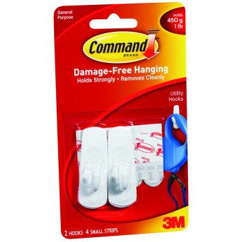 Command 17002 Utility Hook, 1 lb, 2-Hook, Plastic, White