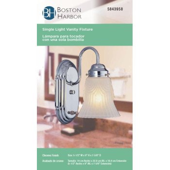 Boston Harbor RF-V-026-CH Vanity Light Fixture, 60 W, 1-Lamp, A19 or CFL Lamp, Steel Fixture, Chrome Fixture