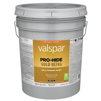 Valspar Pro-Hide Gold Ultra 6400 028.0064003.008 Latex Paint, Acrylic Base, Semi-Gloss Sheen, Tint White, 5 gal