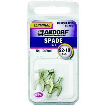 Jandorf 60982 Spade Terminal, 600 V, 22 to 18 AWG Wire, #10 Stud, Copper Contact, 5/PK