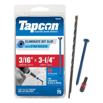 Tapcon 28307 Concrete Screw Anchor, 3/16 in Dia, 3-1/4 in L, Steel, Climaseal