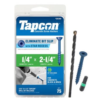 Tapcon 28380 Concrete Screw Anchor, 1/4 in Dia, 2-1/4 in L, Steel, Climaseal