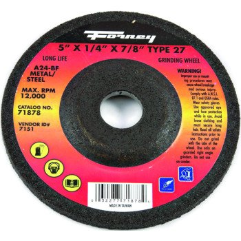 Forney 71878 Grinding Wheel, 5 in Dia, 1/4 in Thick, 7/8 in Arbor, 24 Grit, Coarse, Aluminum Oxide Abrasive