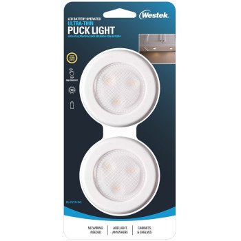 Westek BL-PUTN-W2 Compact Ultra-Thin Puck Light, AAA Battery, 1-Lamp, LED Lamp, 50 Lumens, White, 2/CD