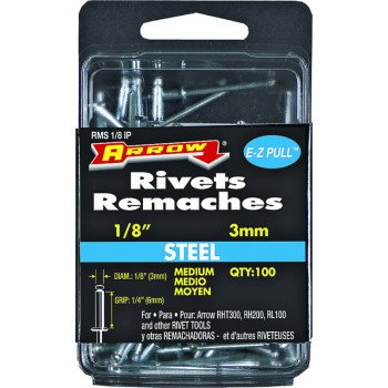 Arrow RMS1/8IP Pop Rivet, Medium, 1/4 in L, Steel, 100/PK