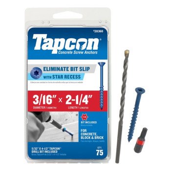 Tapcon 28360 Concrete Screw Anchor, 3/16 in Dia, 2-1/4 in L, Steel, Climaseal, 75/PK