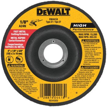 DEWALT DW4418 Grinding Wheel, Applicable Materials: Metal, 4 in Dia, 1/8 in Thick, 5/8 in Arbor, 24 Grit, Very Coarse