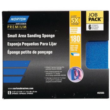 Norton ProSand 82085 Sanding Sponge, 4-1/2 in L, 2-11/16 in W, 180 Grit, Fine, Aluminum Oxide Abrasive