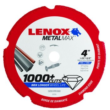 Lenox MetalMax 1972919 Cut-Off Wheel, 4 in Dia, 3/64 in Thick, 3/8 in Arbor, 40, 50 Grit, Diamond Abrasive