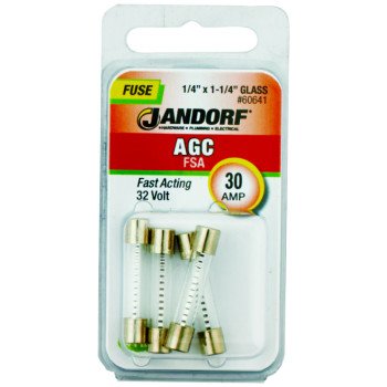 Jandorf 60641 Fast Acting Fuse, 0.002 Ohm, 30 A, 32 V, 1 kA Interrupt, Glass Body, 1-1/4 in Length