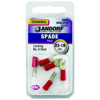 Jandorf 60984 Spade Terminal, 600 V, 22 to 18 AWG Wire, #6 Stud, Copper Contact, Red