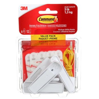 Command 17001C-VP Medium Utility Hook, 3 lb, 6-Hook, Plastic, White