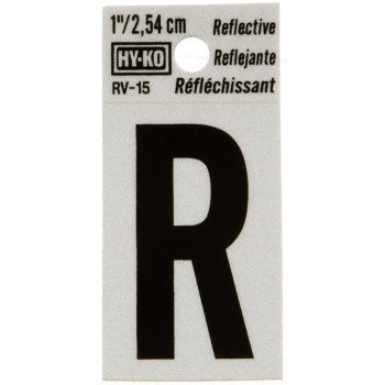 Hy-Ko RV-15/R Reflective Letter, Character: R, 1 in H Character, Black Character, Silver Background, Vinyl