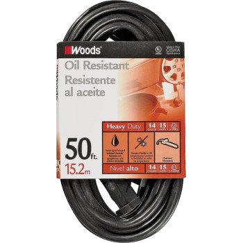 Woods 982452 Extension Cord, 14 AWG Cable, 50 ft L, 15 A, 125 V, Black