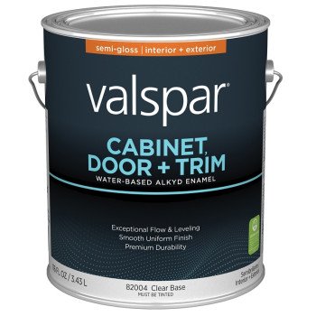 Valspar 8200 028.0082004.007 Cabinet, Door and Trim Paint Enamel, Water Base, Semi-Gloss Sheen, Clear Base, 1 gal