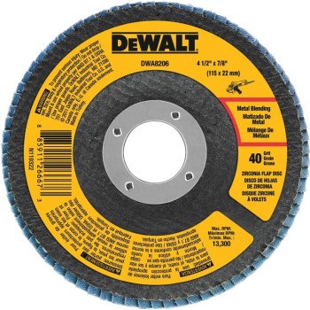 DEWALT DWA8206 Flap Disc, 4-1/2 in Dia, 7/8 in Arbor, Coated, 40 Grit, Coarse, Zirconium Oxide Abrasive