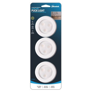 Westek BL-PUTN-W3 Compact Ultra-Thin Puck Light, 12 V, AAA Battery, 1-Lamp, LED Lamp, 50 Lumens, White, 3/CD