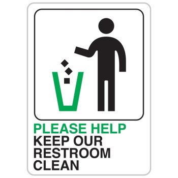 Hy-Ko D-27 Bathroom Sign, Rectangular, PLEASE HELP KEEP OUR RESTROOM CLEAN, Black/Green Legend, White Background