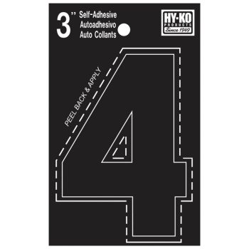 Hy-Ko 30400 Series 30404 Die-Cut Number, Character: 4, 3 in H Character, Black Character, Vinyl