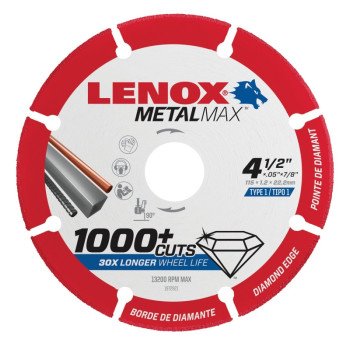 Lenox MetalMax 1972921 Cut-Off Wheel, 4-1/2 in Dia, 3/64 in Thick, 7/8 in Arbor, 40, 50 Grit, Diamond Abrasive