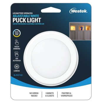 Westek BL-PCCT-W1 Adjustable Puck Light, 3.37 in Dia, AA Battery, LED Lamp, 80 Lumens, White, 1/CD