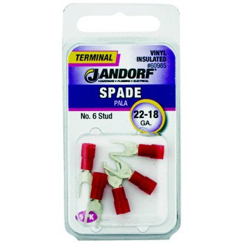 Jandorf 60985 Spade Terminal, 600 V, 22 to 18 AWG Wire, #6 Stud, Vinyl Insulation, Copper Contact, Red